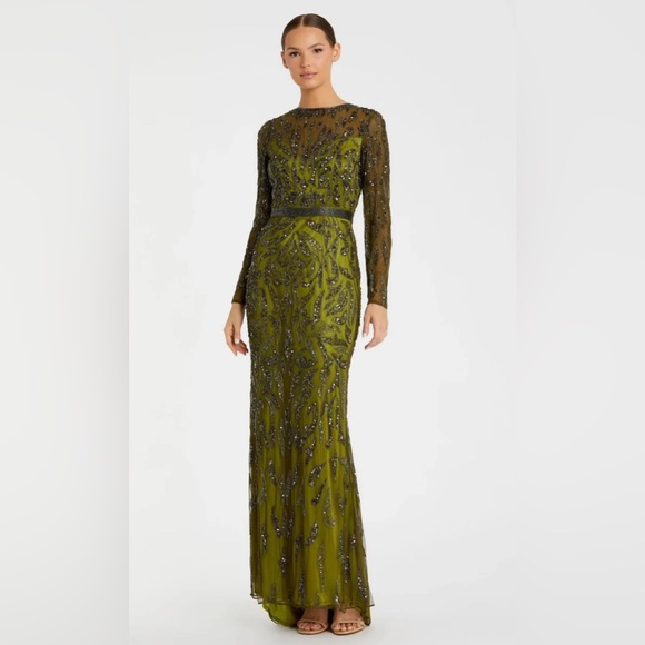 Mac Duggal Olive Green Long Sleeve Beaded Evening Gown
